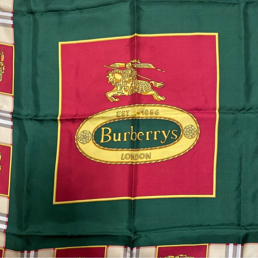 Vintage Burberrys London Silk Scarf Green Red Equestrian Prorsum Knight Logo - Picture 5 of 11